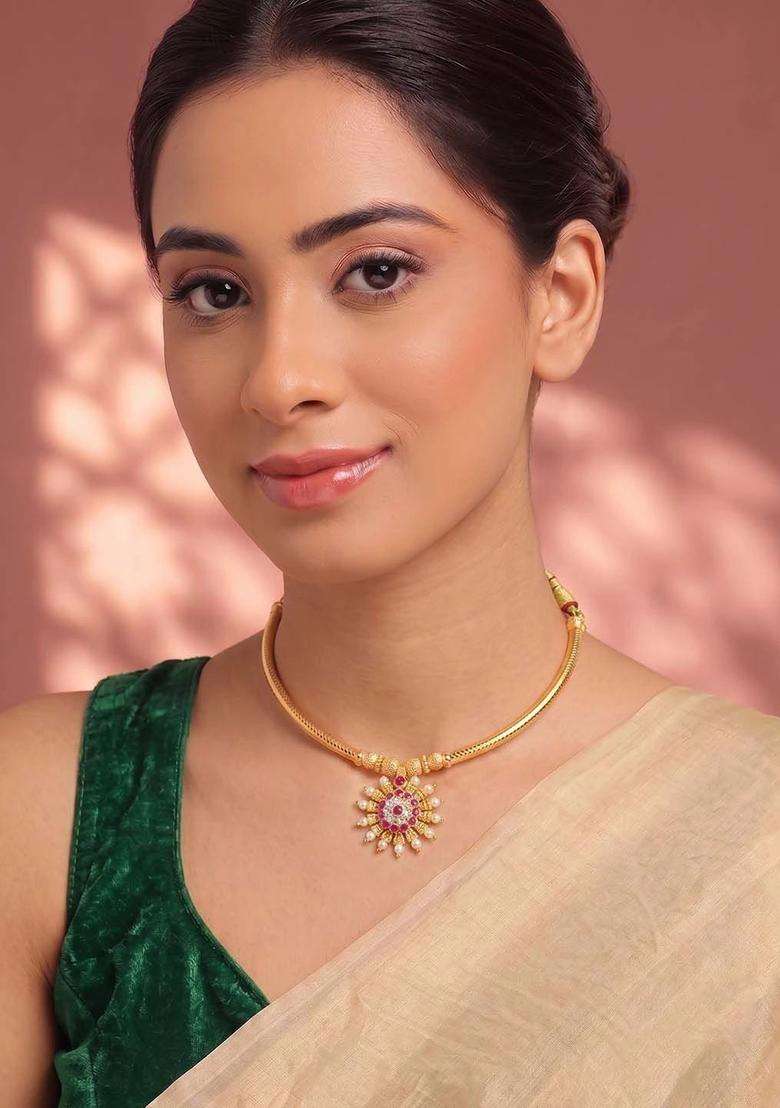 Copper Gold-Plated Temple Necklace with Ruby Stone for Women | Traditional Temple Jewellery for Wedding & Festive Wear | Gift for Her - Indya
