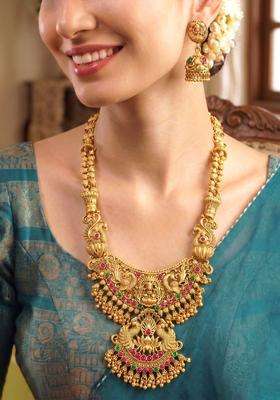 Gold-Plated Temple Stone-Studded Necklace and Earrings for Women | Traditional Temple Jewellery for Wedding & Festive Wear | Gift for Her