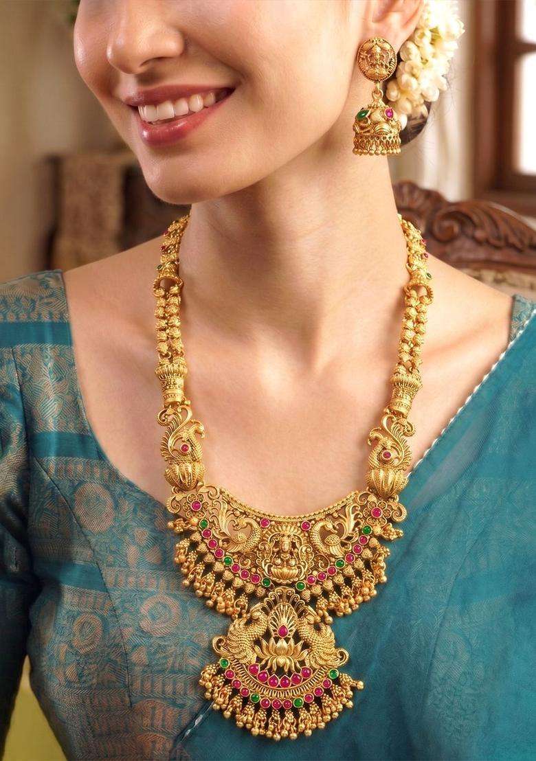 Gold-Plated Temple Stone-Studded Necklace and Earrings for Women | Traditional Temple Jewellery for Wedding & Festive Wear | Gift for Her - Indya
