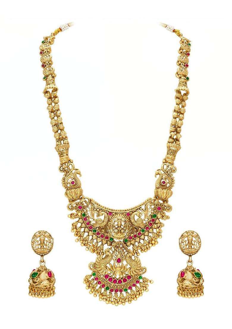 Gold-Plated Temple Stone-Studded Necklace and Earrings for Women | Traditional Temple Jewellery for Wedding & Festive Wear | Gift for Her - Indya