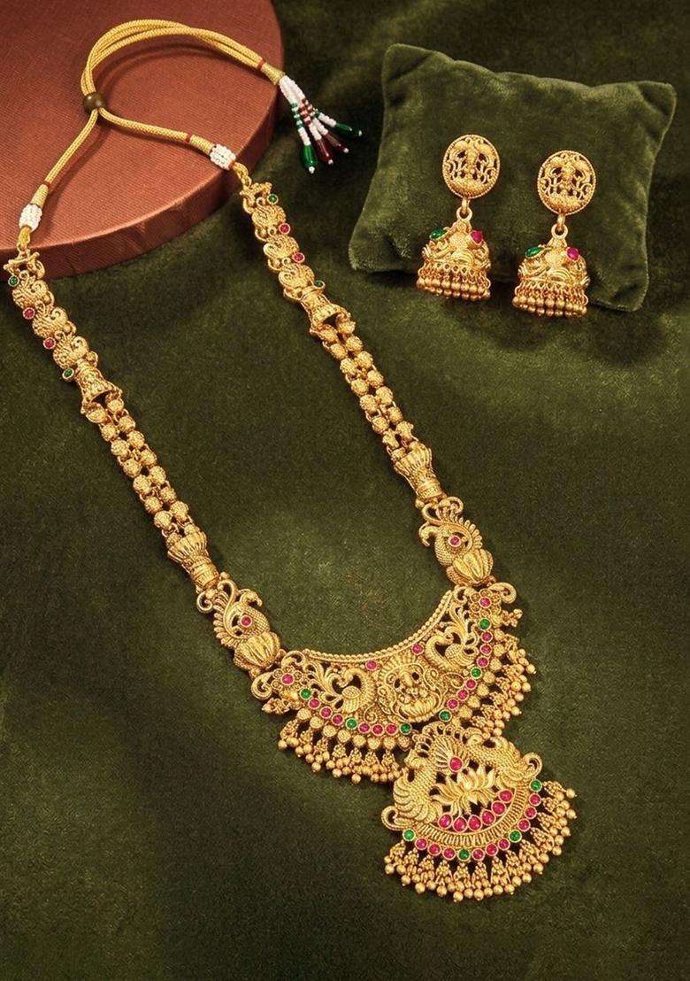 Gold-Plated Temple Stone-Studded Necklace and Earrings for Women | Traditional Temple Jewellery for Wedding & Festive Wear | Gift for Her - Indya