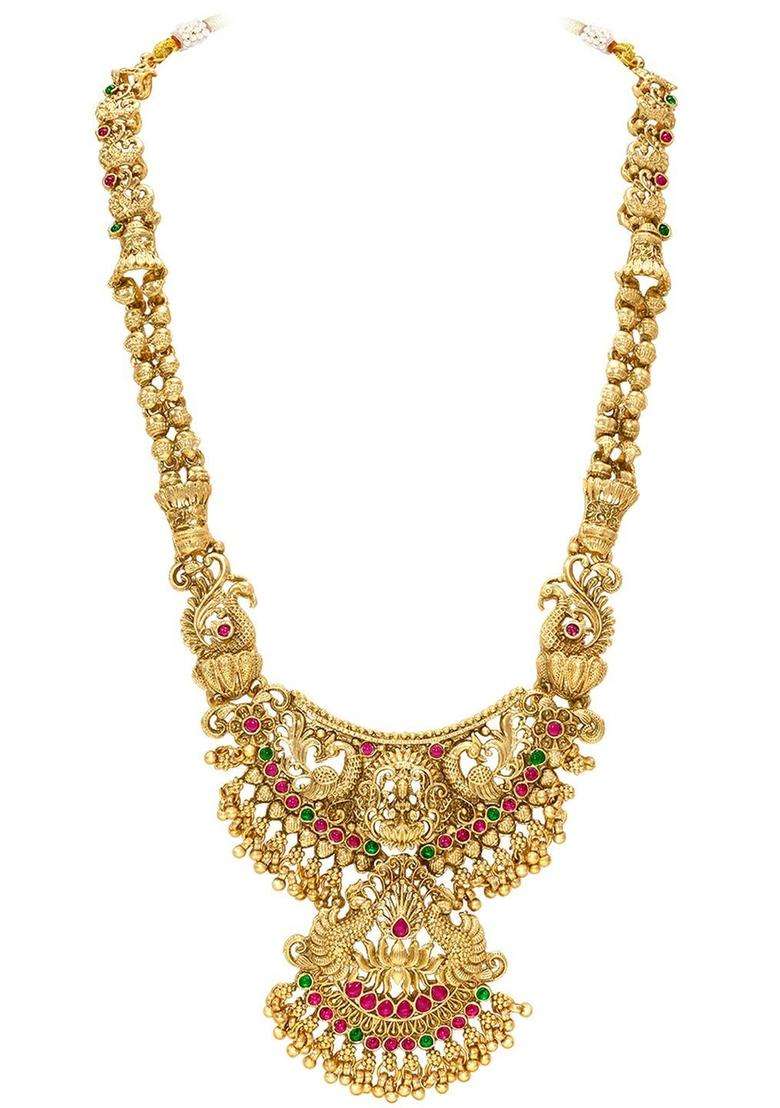 Gold-Plated Temple Stone-Studded Necklace and Earrings for Women | Traditional Temple Jewellery for Wedding & Festive Wear | Gift for Her - Indya
