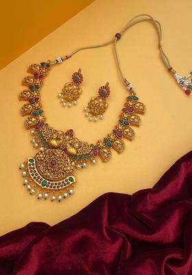 Gold-Plated Stone-Studded & Pearl Beaded Temple Jewellery Set for Women | Traditional Temple Jewellery for Wedding & Festive Wear | Gift for Her