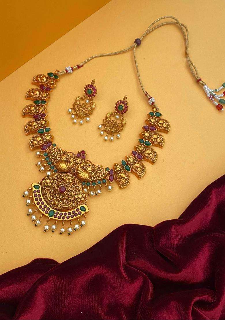 Gold-Plated Stone-Studded & Pearl Beaded Temple Jewellery Set for Women | Traditional Temple Jewellery for Wedding & Festive Wear | Gift for Her - Indya