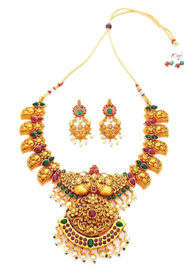 Gold-Plated Stone-Studded & Pearl Beaded Temple Jewellery Set for Women | Traditional Temple Jewellery for Wedding & Festive Wear | Gift for Her - Indya