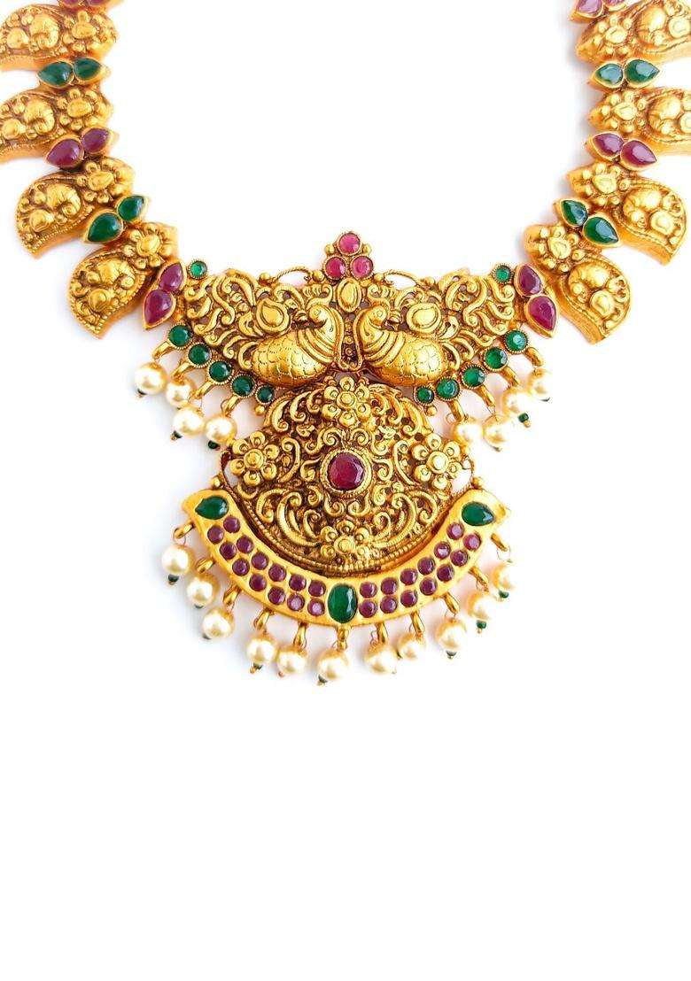 Gold-Plated Stone-Studded & Pearl Beaded Temple Jewellery Set for Women | Traditional Temple Jewellery for Wedding & Festive Wear | Gift for Her - Indya