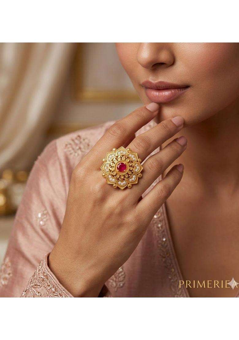 Gold-Plated Temple Cubic Zirconia Finger Ring for Women | Traditional Temple Jewellery for Wedding & Festive Wear | Gift for Her - Indya