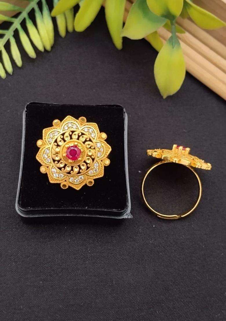 Gold-Plated Temple Cubic Zirconia Finger Ring for Women | Traditional Temple Jewellery for Wedding & Festive Wear | Gift for Her - Indya