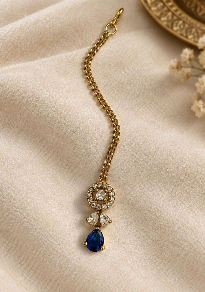 Gold-Plated American Diamond Studded Maang Tikka Head Jewellery for Women | Traditional Temple Jewellery for Wedding & Festive Wear | Gift for Her - Indya