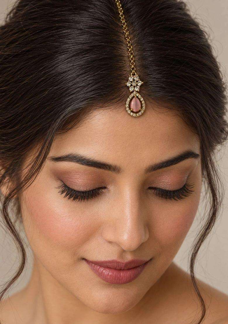 Gold-Plated American Diamond Studded Maang Tikka Head Jewellery for Women | Traditional Temple Jewellery for Wedding & Festive Wear | Gift for Her - Indya