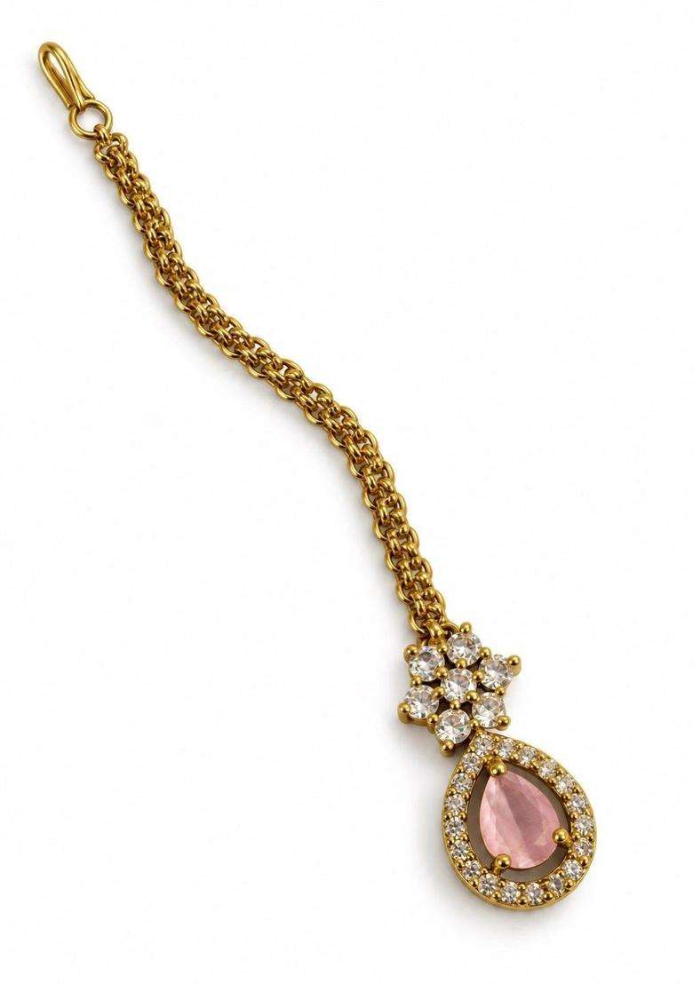Gold-Plated American Diamond Studded Maang Tikka Head Jewellery for Women | Traditional Temple Jewellery for Wedding & Festive Wear | Gift for Her - Indya