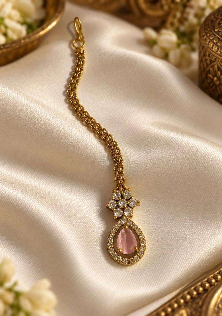 Gold-Plated American Diamond Studded Maang Tikka Head Jewellery for Women | Traditional Temple Jewellery for Wedding & Festive Wear | Gift for Her - Indya