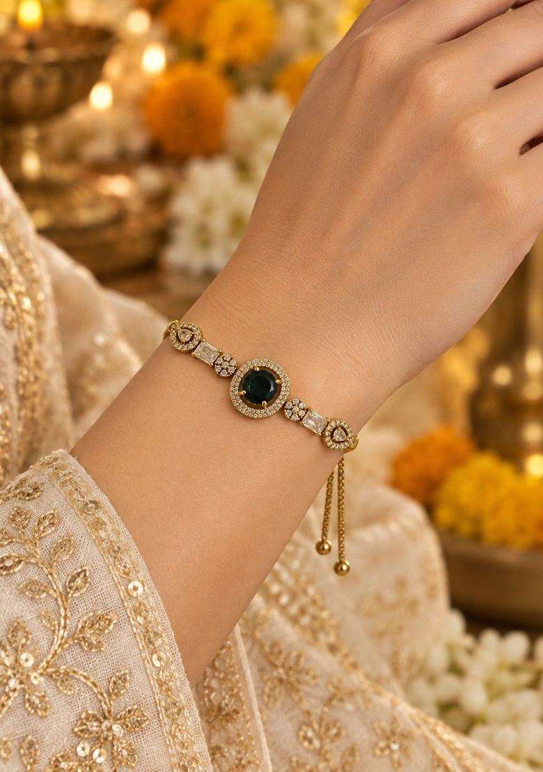 Brass American Diamond Temple Gold-Plated Wraparound Bracelet for Women | Traditional Temple Jewellery for Wedding & Festive Wear | Gift for Her - Indya
