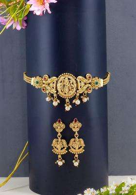 Gold-Plated Kundan-Studded & Beaded Shree Krishna Necklace and Earrings for Women | Traditional Temple Jewellery for Wedding & Festive Wear | Gift for Her