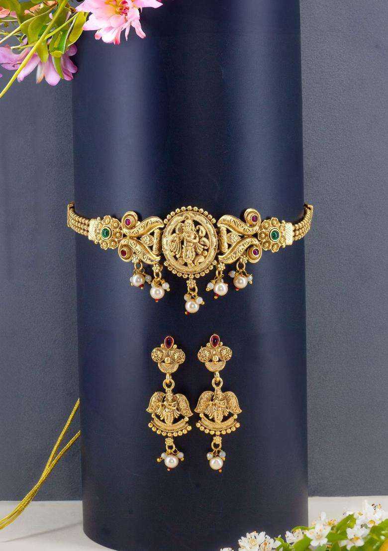 Gold-Plated Kundan-Studded & Beaded Shree Krishna Necklace and Earrings for Women | Traditional Temple Jewellery for Wedding & Festive Wear | Gift for Her - Indya