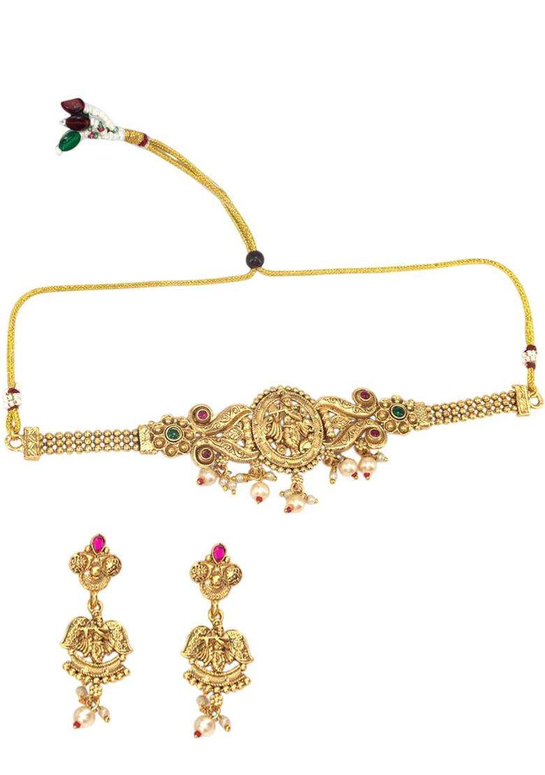 Gold-Plated Kundan-Studded & Beaded Shree Krishna Necklace and Earrings for Women | Traditional Temple Jewellery for Wedding & Festive Wear | Gift for Her - Indya
