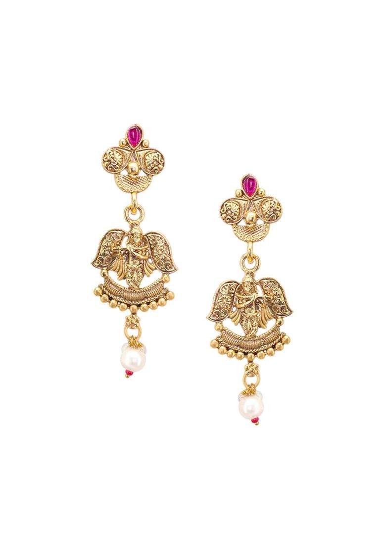 Gold-Plated Kundan-Studded & Beaded Shree Krishna Necklace and Earrings for Women | Traditional Temple Jewellery for Wedding & Festive Wear | Gift for Her - Indya