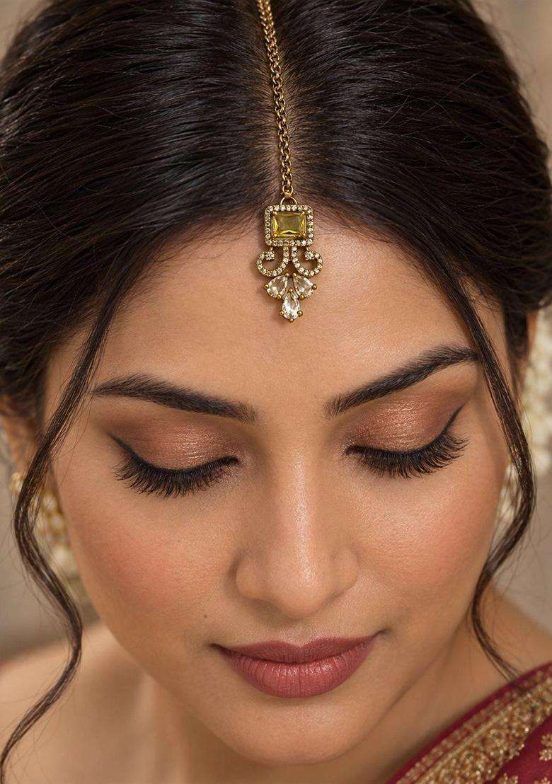 Gold-Plated American Diamond Studded Maang Tikka Head Jewellery for Women | Traditional Temple Jewellery for Wedding & Festive Wear | Gift for Her - Indya