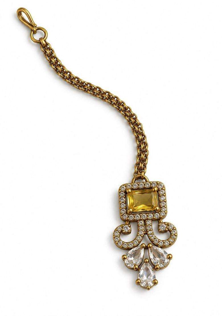 Gold-Plated American Diamond Studded Maang Tikka Head Jewellery for Women | Traditional Temple Jewellery for Wedding & Festive Wear | Gift for Her - Indya