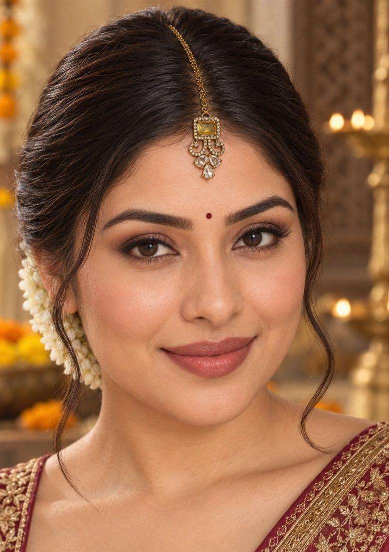 Gold-Plated American Diamond Studded Maang Tikka Head Jewellery for Women | Traditional Temple Jewellery for Wedding & Festive Wear | Gift for Her - Indya