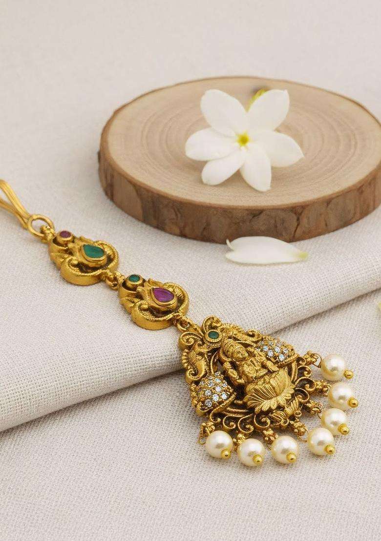 Gold-Plated American Diamond Studded Maang Tikka Head Jewellery for Women | Traditional Temple Jewellery for Wedding & Festive Wear | Gift for Her - Indya