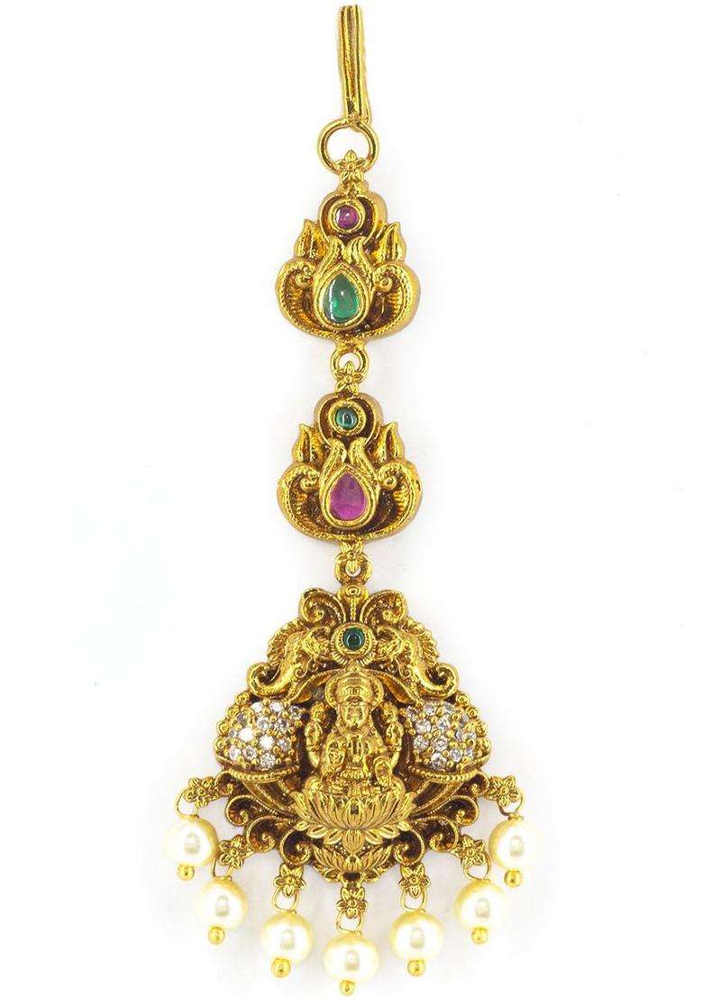 Gold-Plated American Diamond Studded Maang Tikka Head Jewellery for Women | Traditional Temple Jewellery for Wedding & Festive Wear | Gift for Her - Indya