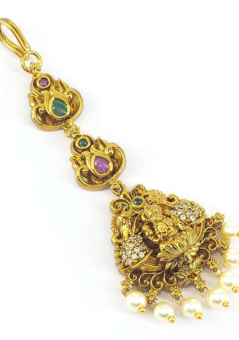 Gold-Plated American Diamond Studded Maang Tikka Head Jewellery for Women | Traditional Temple Jewellery for Wedding & Festive Wear | Gift for Her - Indya