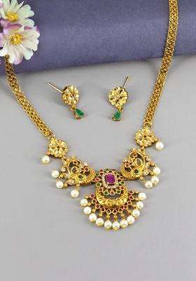Gold-Plated American Diamond Stone-Studded & Beaded Jewellery Set for Women | Traditional Temple Jewellery for Wedding & Festive Wear | Gift for Her
