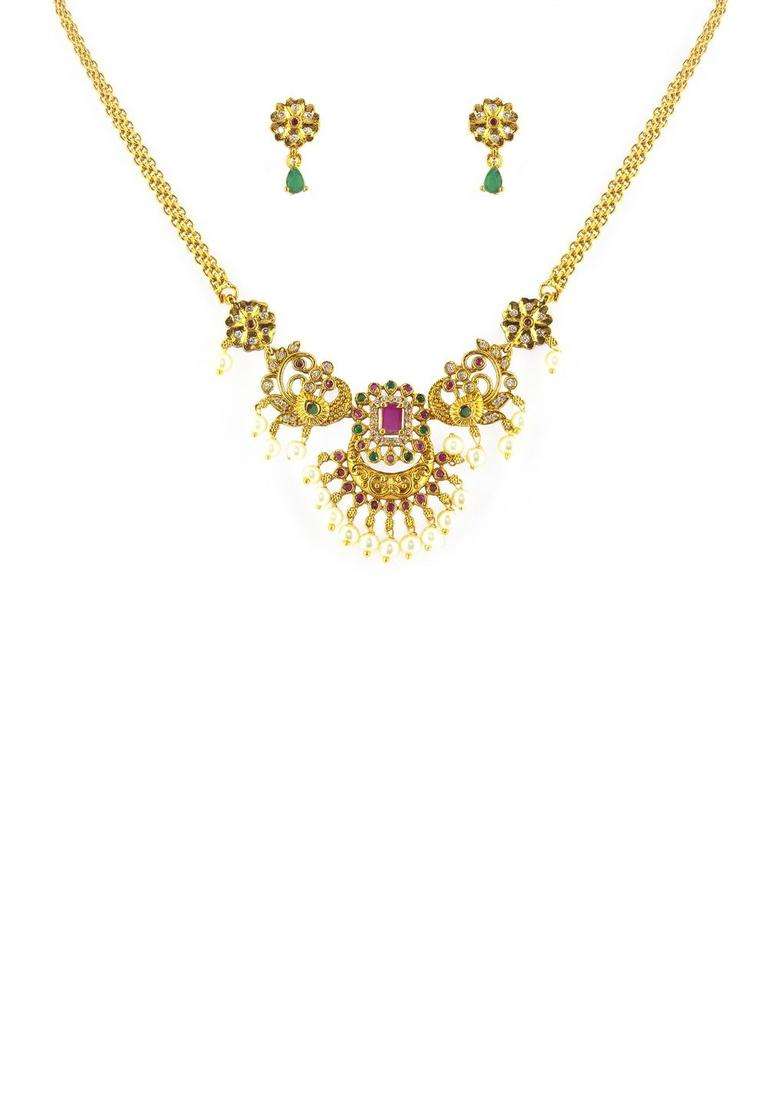 Gold-Plated American Diamond Stone-Studded & Beaded Jewellery Set for Women | Traditional Temple Jewellery for Wedding & Festive Wear | Gift for Her - Indya