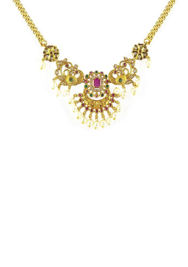 Gold-Plated American Diamond Stone-Studded & Beaded Jewellery Set for Women | Traditional Temple Jewellery for Wedding & Festive Wear | Gift for Her - Indya