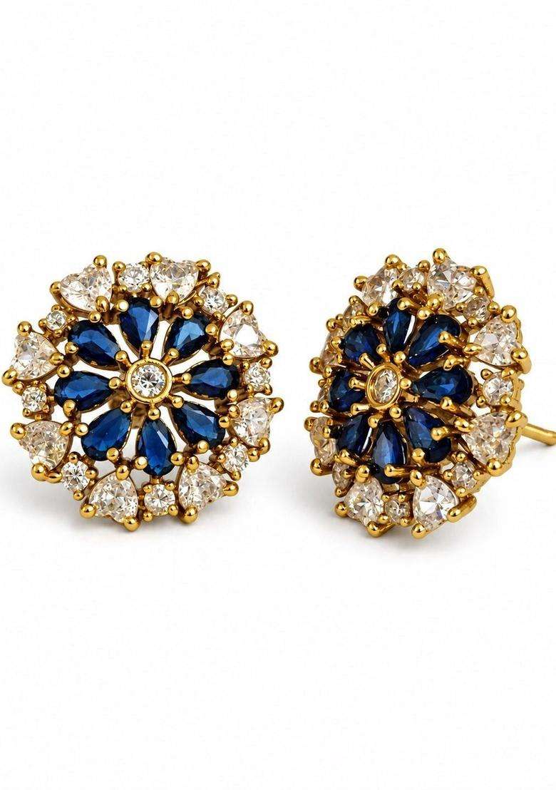 Gold-Plated Floral Studs Earrings with American Diamond for Women | Traditional Temple Jewellery for Wedding & Festive Wear | Gift for Her - Indya