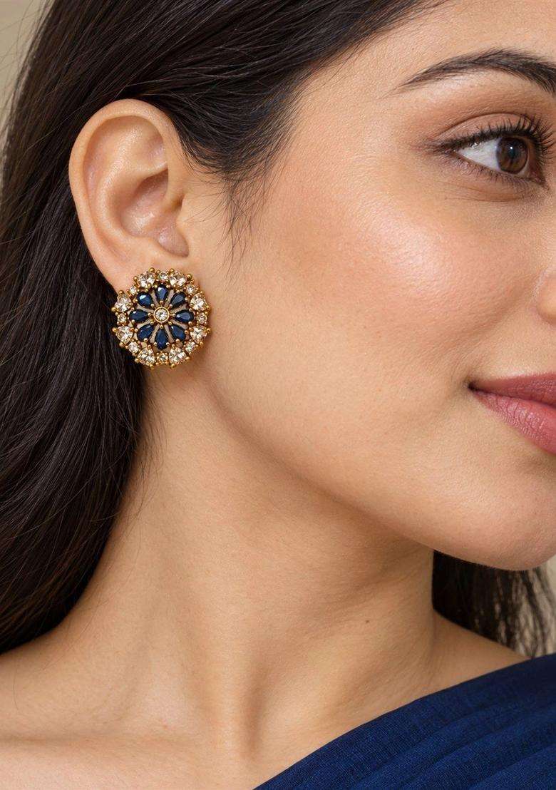 Gold-Plated Floral Studs Earrings with American Diamond for Women | Traditional Temple Jewellery for Wedding & Festive Wear | Gift for Her - Indya