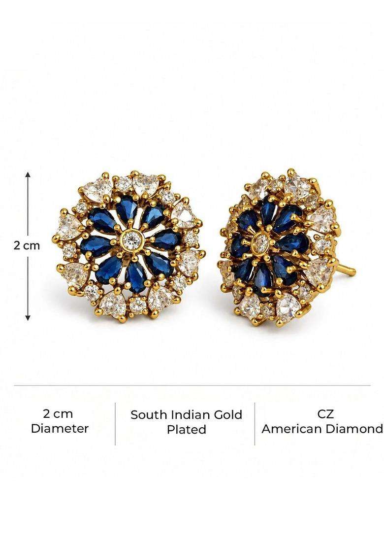 Gold-Plated Floral Studs Earrings with American Diamond for Women | Traditional Temple Jewellery for Wedding & Festive Wear | Gift for Her - Indya