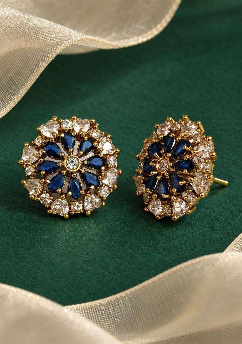 Gold-Plated Floral Studs Earrings with American Diamond for Women | Traditional Temple Jewellery for Wedding & Festive Wear | Gift for Her - Indya