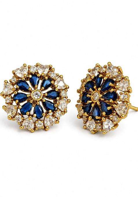 Gold-Plated Floral Studs Earrings with American Diamond for Women | Traditional Temple Jewellery for Wedding & Festive Wear | Gift for Her