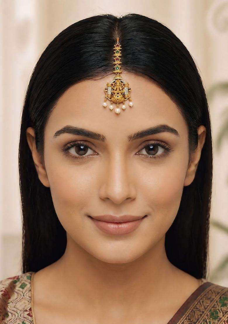 Gold-Plated American Diamond Studded Maang Tikka Head Jewellery for Women | Traditional Temple Jewellery for Wedding & Festive Wear | Gift for Her - Indya
