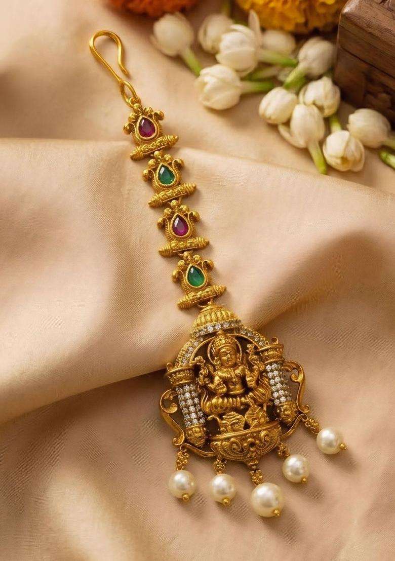 Gold-Plated American Diamond Studded Maang Tikka Head Jewellery for Women | Traditional Temple Jewellery for Wedding & Festive Wear | Gift for Her - Indya