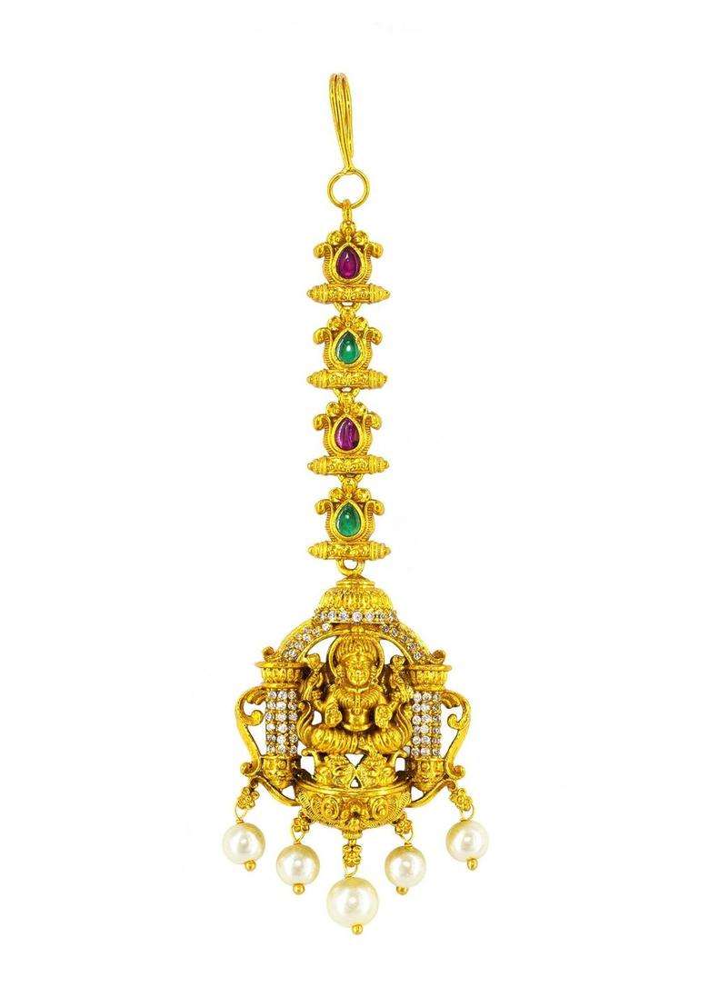 Gold-Plated American Diamond Studded Maang Tikka Head Jewellery for Women | Traditional Temple Jewellery for Wedding & Festive Wear | Gift for Her - Indya