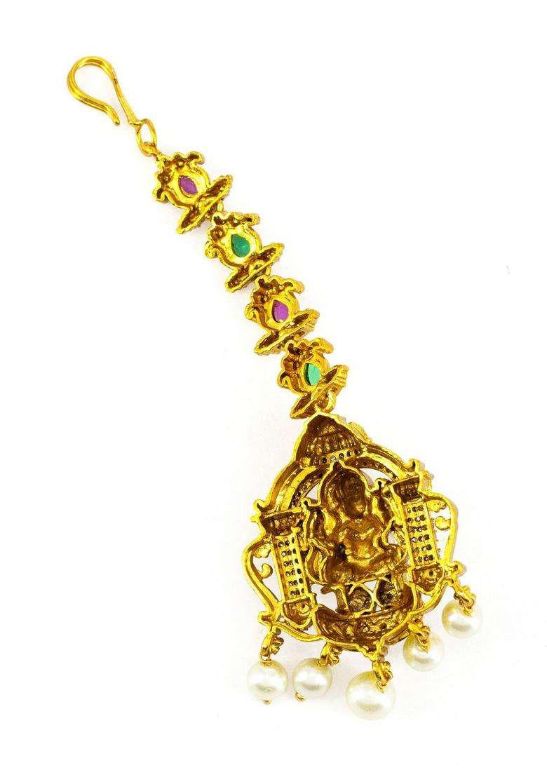 Gold-Plated American Diamond Studded Maang Tikka Head Jewellery for Women | Traditional Temple Jewellery for Wedding & Festive Wear | Gift for Her - Indya