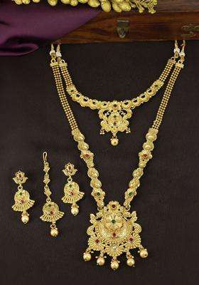 Gold-Plated Kundan-Studded & Beaded Temple Necklace and Earrings Maang Tika for Women | Traditional Temple Jewellery for Wedding & Festive Wear | Gift for Her