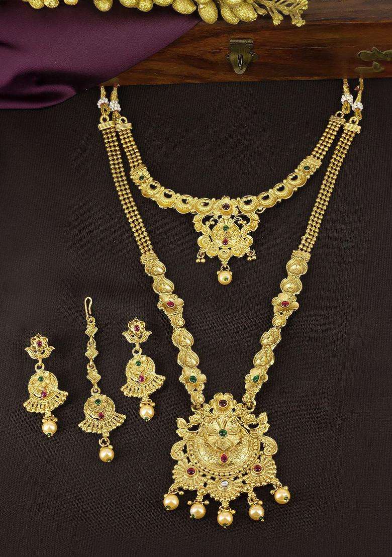 Gold-Plated Kundan-Studded & Beaded Temple Necklace and Earrings Maang Tika for Women | Traditional Temple Jewellery for Wedding & Festive Wear | Gift for Her - Indya