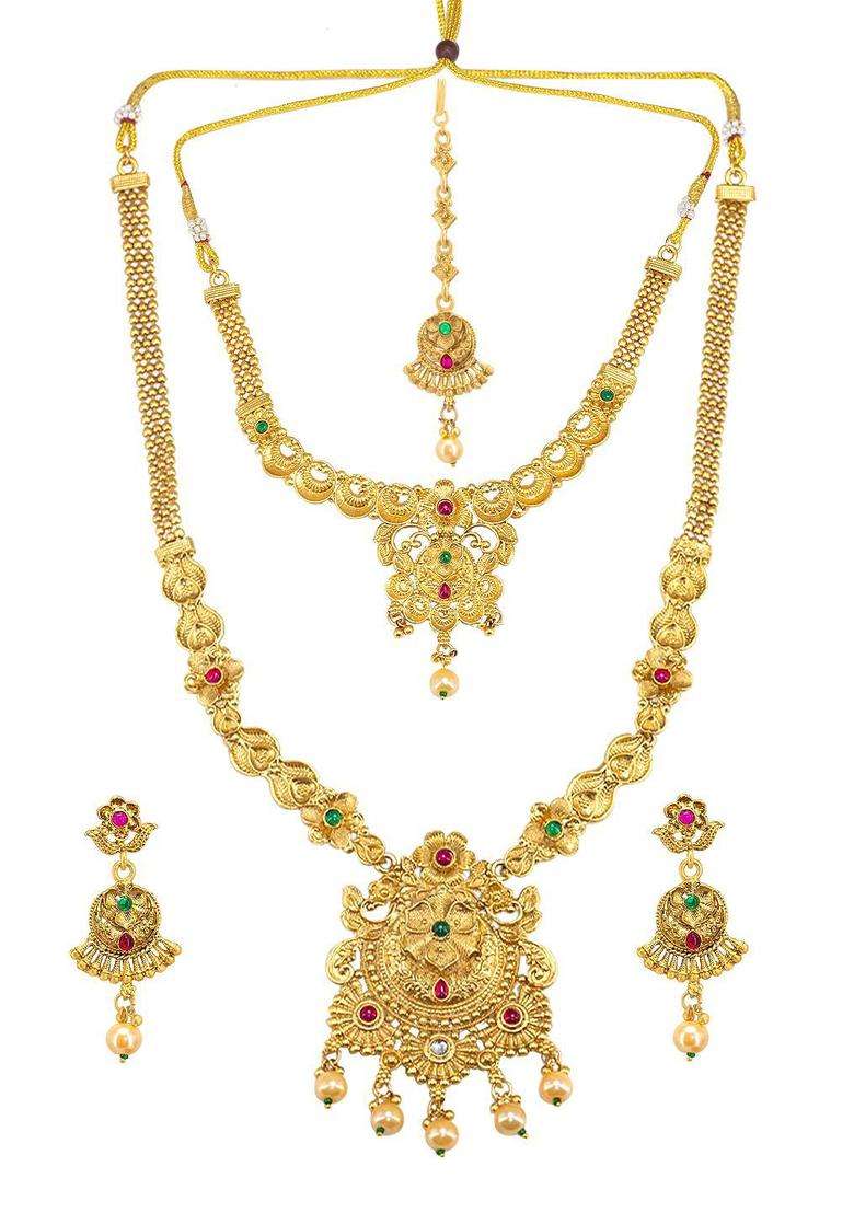 Gold-Plated Kundan-Studded & Beaded Temple Necklace and Earrings Maang Tika for Women | Traditional Temple Jewellery for Wedding & Festive Wear | Gift for Her - Indya