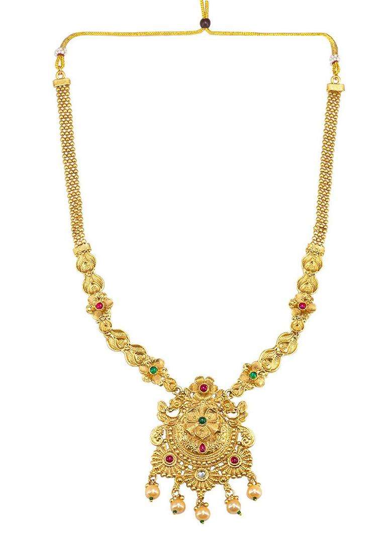 Gold-Plated Kundan-Studded & Beaded Temple Necklace and Earrings Maang Tika for Women | Traditional Temple Jewellery for Wedding & Festive Wear | Gift for Her - Indya