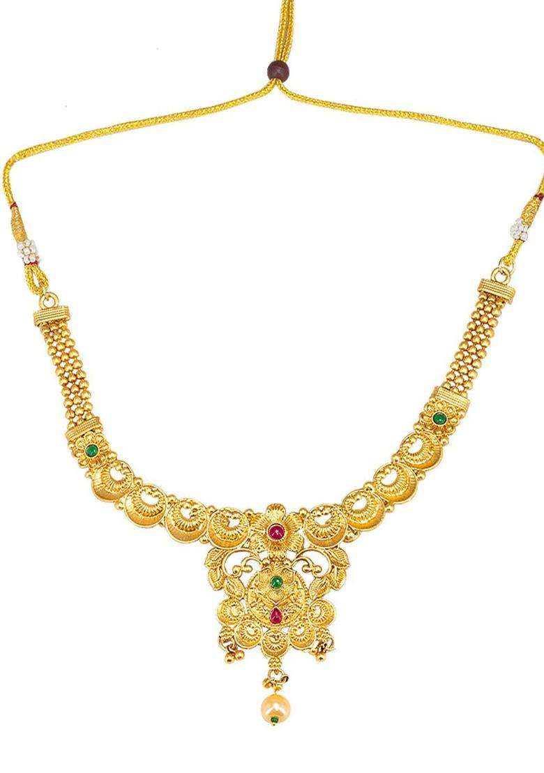 Gold-Plated Kundan-Studded & Beaded Temple Necklace and Earrings Maang Tika for Women | Traditional Temple Jewellery for Wedding & Festive Wear | Gift for Her - Indya