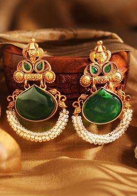 Gold-Plated Artificial Stones and Beads Studded Temple Chandbalis Earrings for Women | Traditional Temple Jewellery for Wedding & Festive Wear | Gift for Her