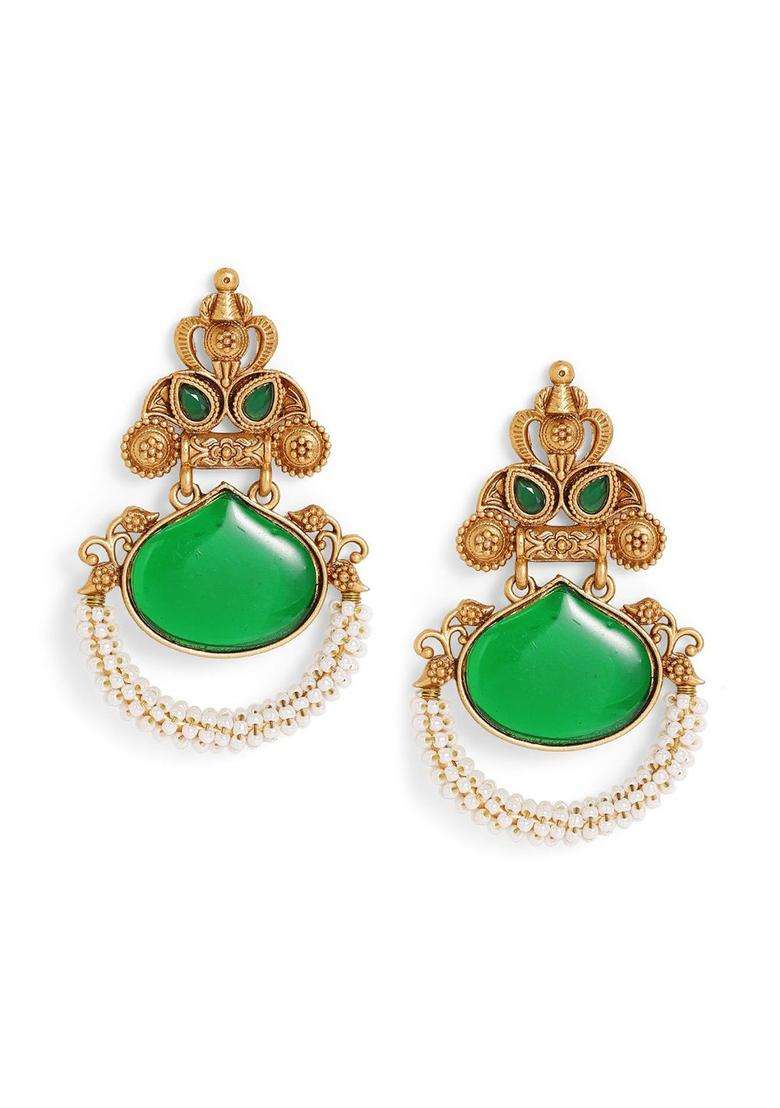 Gold-Plated Artificial Stones and Beads Studded Temple Chandbalis Earrings for Women | Traditional Temple Jewellery for Wedding & Festive Wear | Gift for Her - Indya