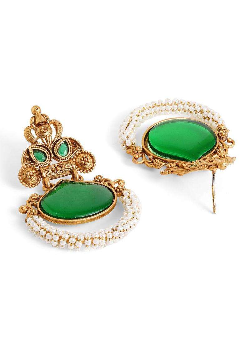 Gold-Plated Artificial Stones and Beads Studded Temple Chandbalis Earrings for Women | Traditional Temple Jewellery for Wedding & Festive Wear | Gift for Her - Indya