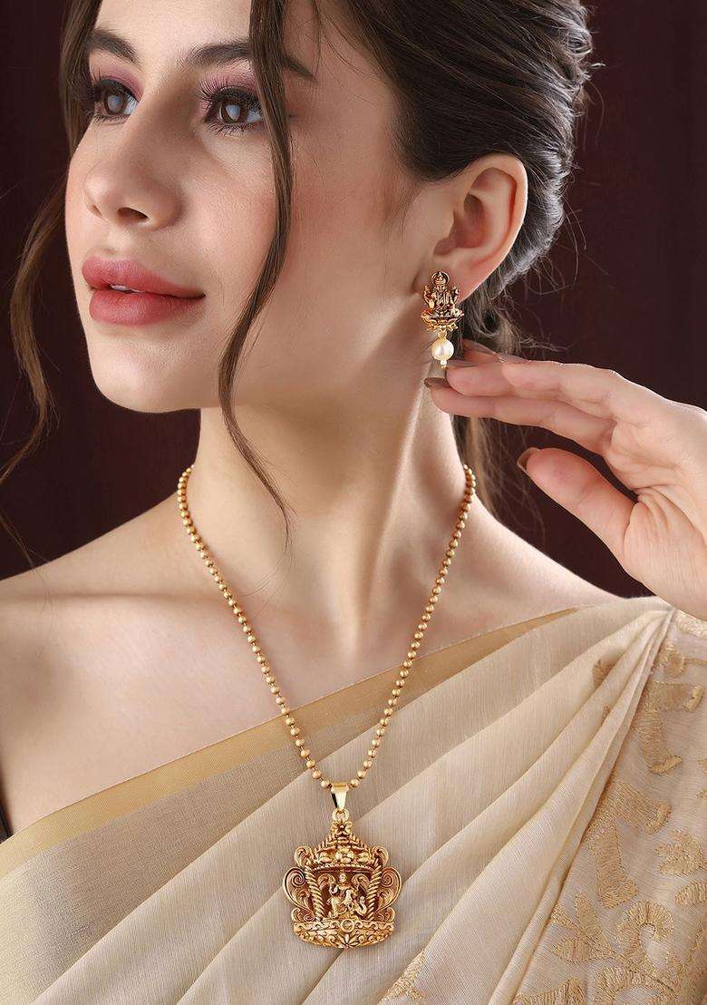 Gold-Plated Beads Beaded Temple Necklace with Earrings for Women | Stylish Party & Everyday Wear | Gift for Her - Indya