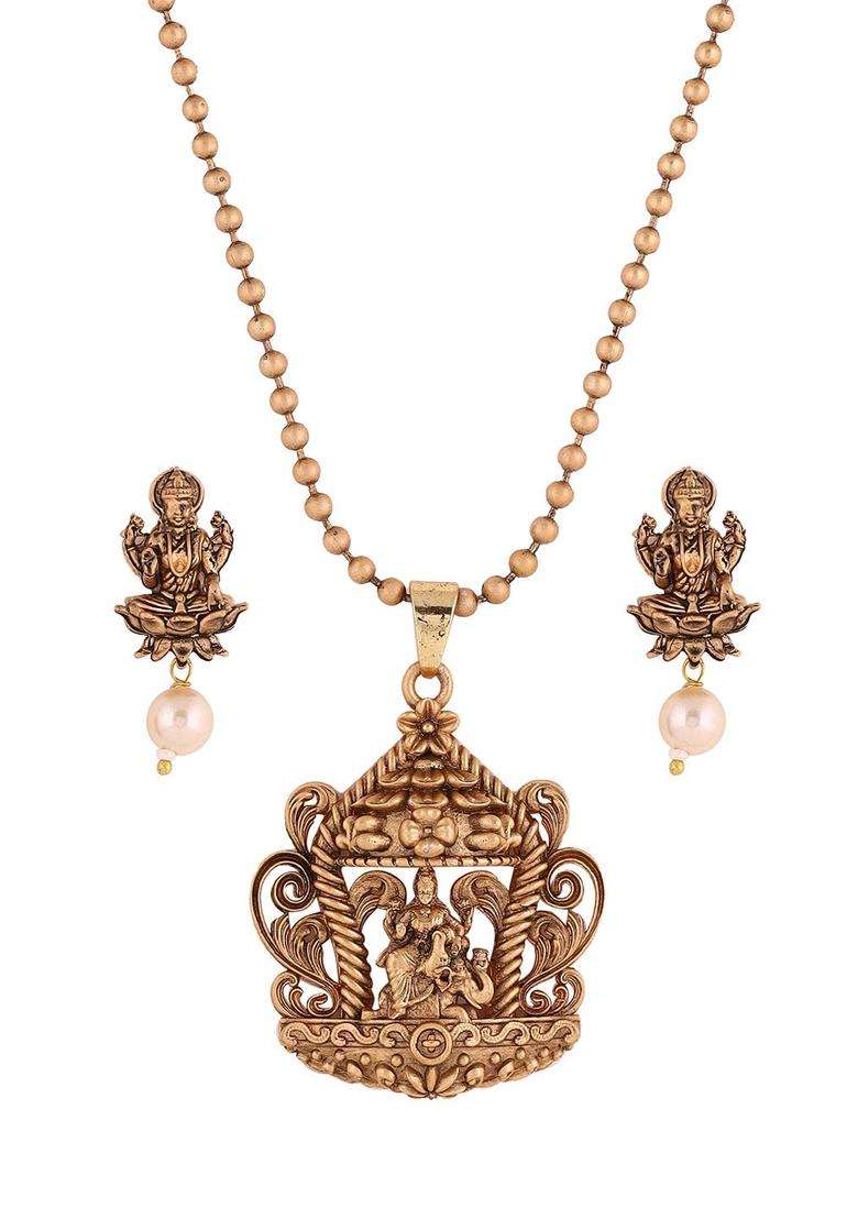 Gold-Plated Beads Beaded Temple Necklace with Earrings for Women | Stylish Party & Everyday Wear | Gift for Her - Indya