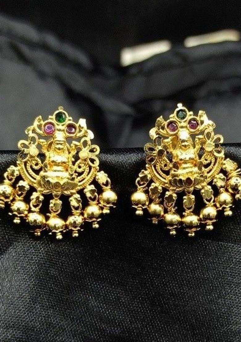 Gold-Plated Artificial Stones Studded Temple Contemporary Drop Earrings for Women | Traditional Temple Jewellery for Wedding & Festive Wear | Gift for Her - Indya